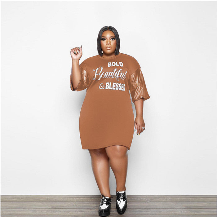 Women Letter Patchwork Leather Dresses for Ladies Plus Size Dress