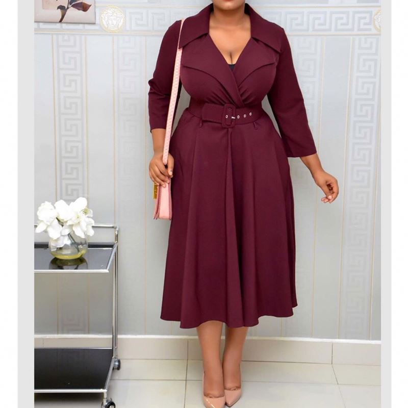Plus Size Pleated Midi A-Line American Casual Dress