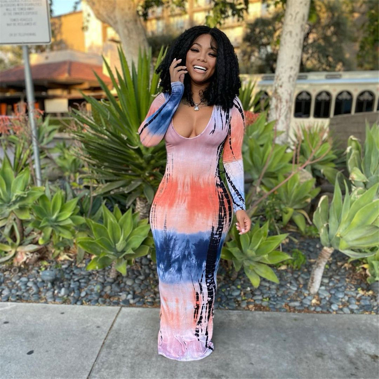 Streetwear Summer Sexy Tie Dye Long Casual Dresses U Neck Long Sleeve Maxi Dress