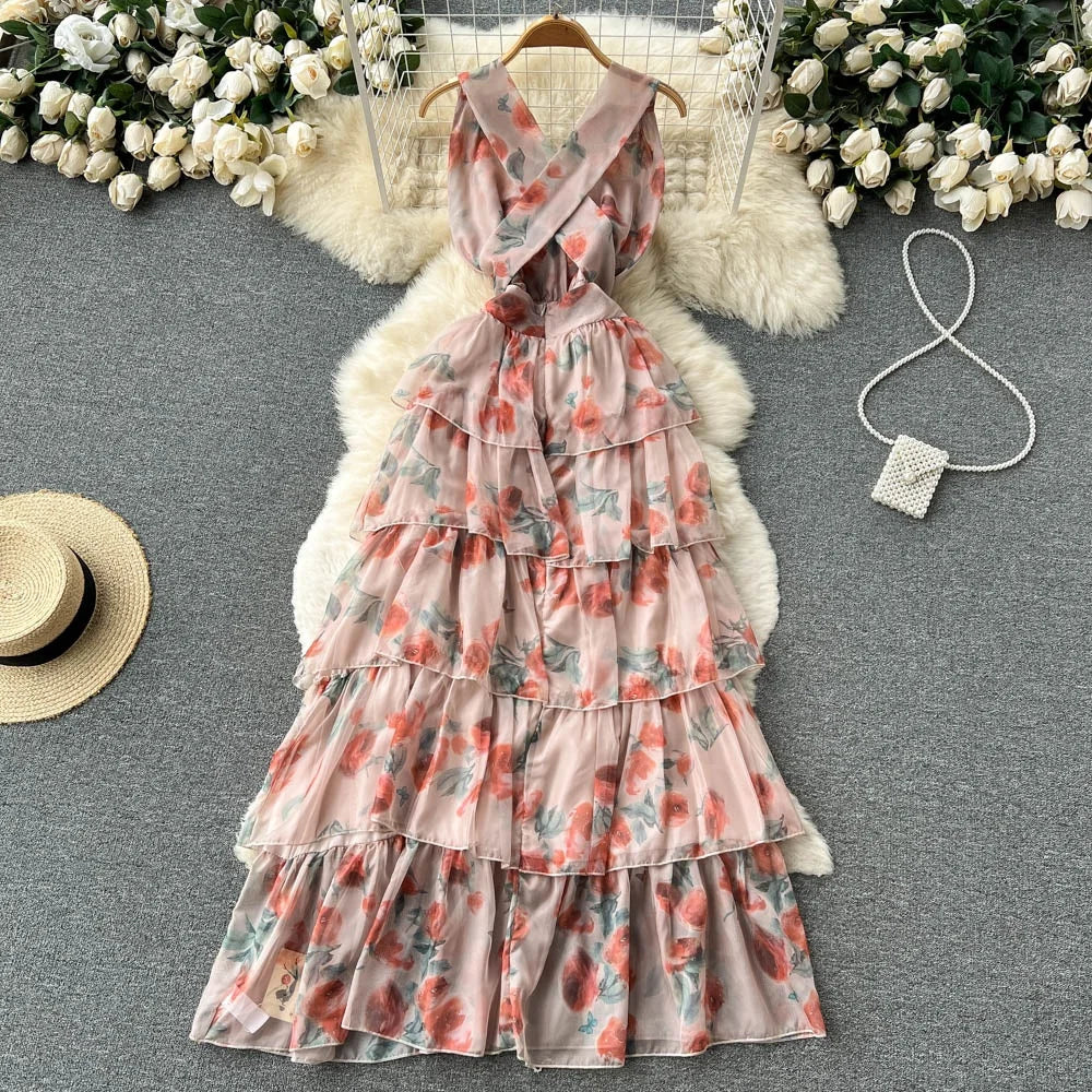 Seaside Vacation Dress Women Summer New Sexy Backless Slim Long Ruffle Dresses