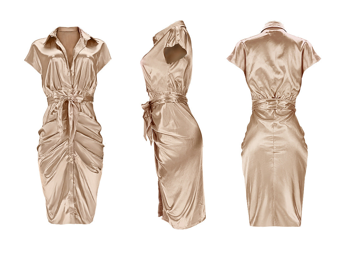 Sexy Ladies Dresses Reflective Silk Pleated Straps Shirt Dress