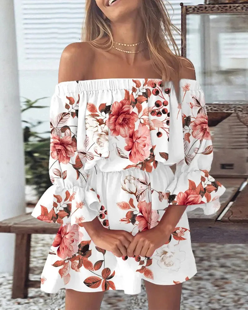 Sexy Off Shoulder Floral Print Flare Sleeve Tunic Dress
