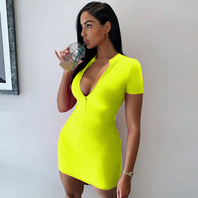 Custom High Neck Short Sleeve Bag Hip Skirt Casual Womens Zipper Dress