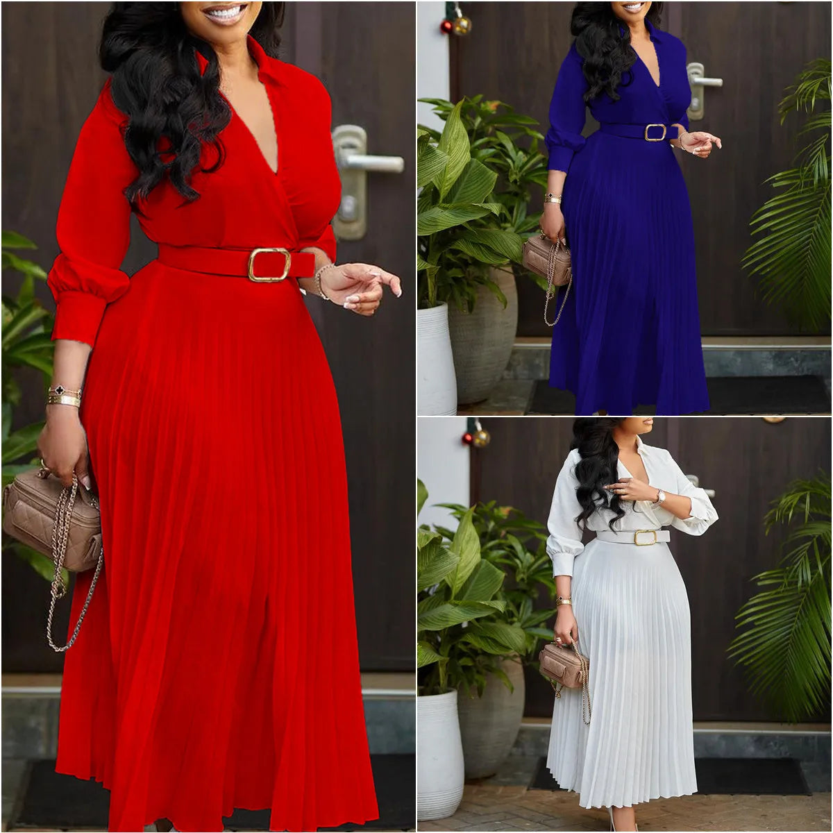 Women Elegant Long Sleeve V-Neck Pleated Office Dress Casual Dresses With Belt