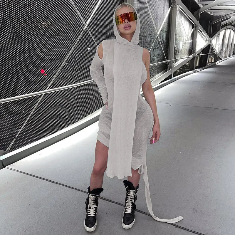 Long Sleeve Dress One Shoulder Casual Hooded Dresses Women