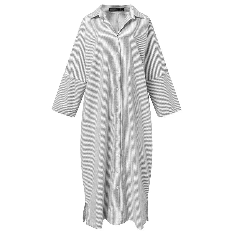 Cotton Linen Dress  Loose Striped Summer Shirt Dress Plus Size