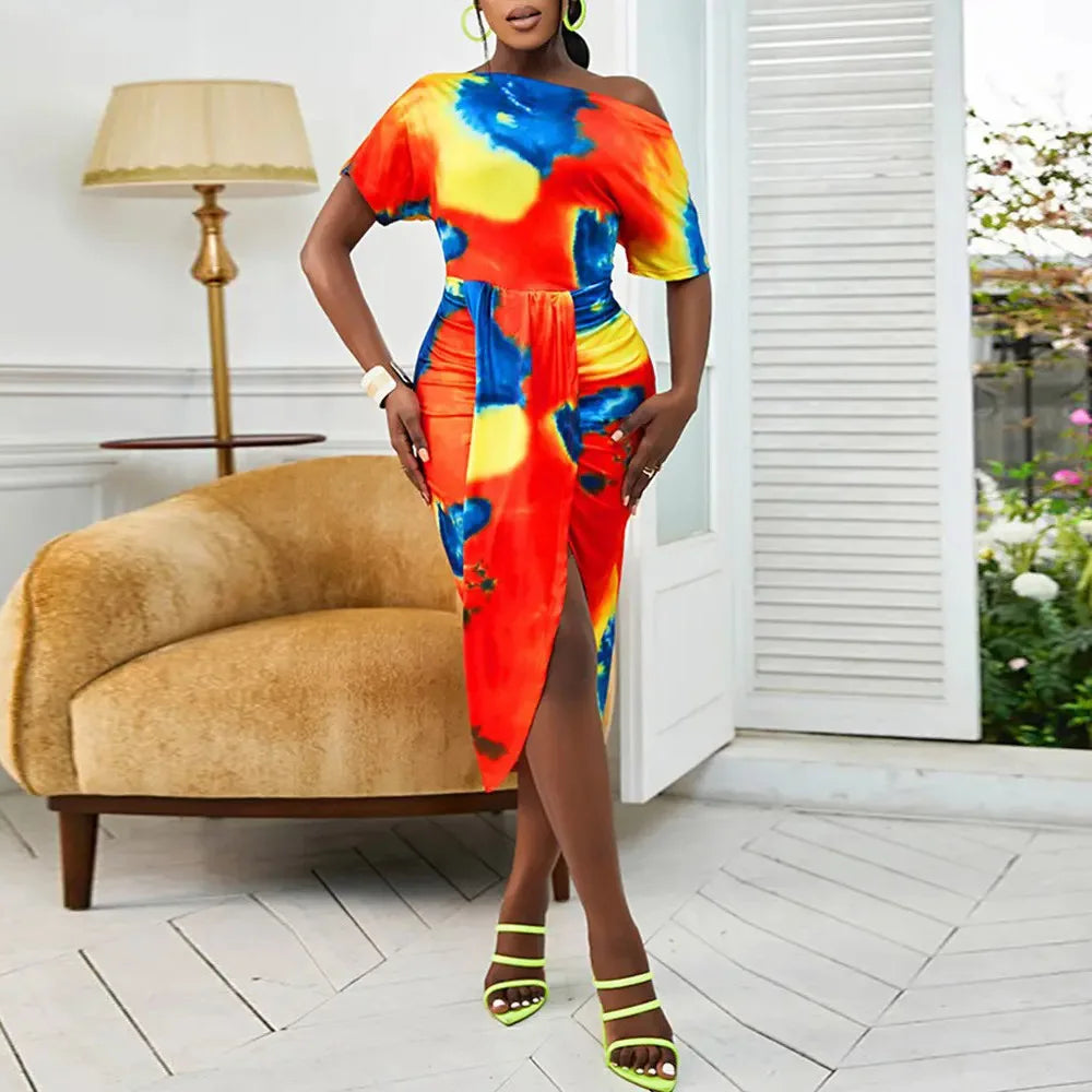 Lady Chiffon Ruffle Maxi Dress Women Printing Elegant Summer Casual Dress