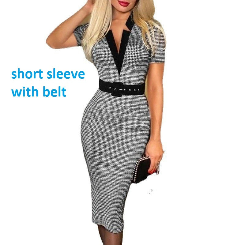 Custom Summer Fall Women V- Neck Pleated Lady Dress With Belt