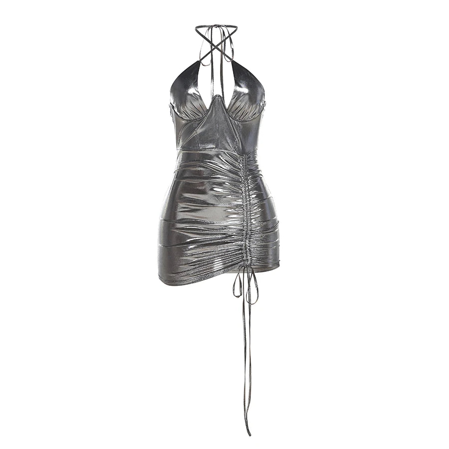Sexy Cleavage Shiny Halter Mini Slim Dress Hollow Out Dress Women Casual Dress