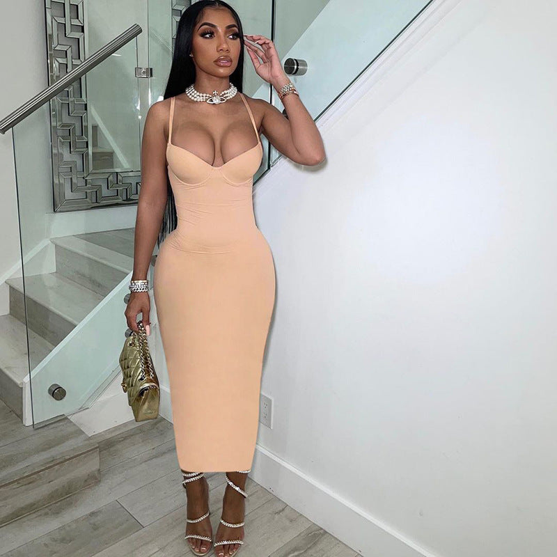Summer Women Fashion Bodycon Dress Pink Spaghetti Strap Casual Dress