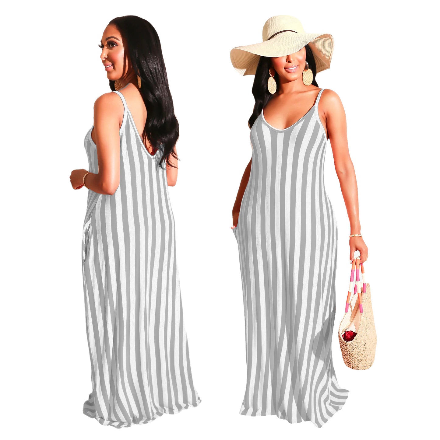 Strap v Neck Plus Size Women Maxi Dress Stripe Side Pocket Womens Dress