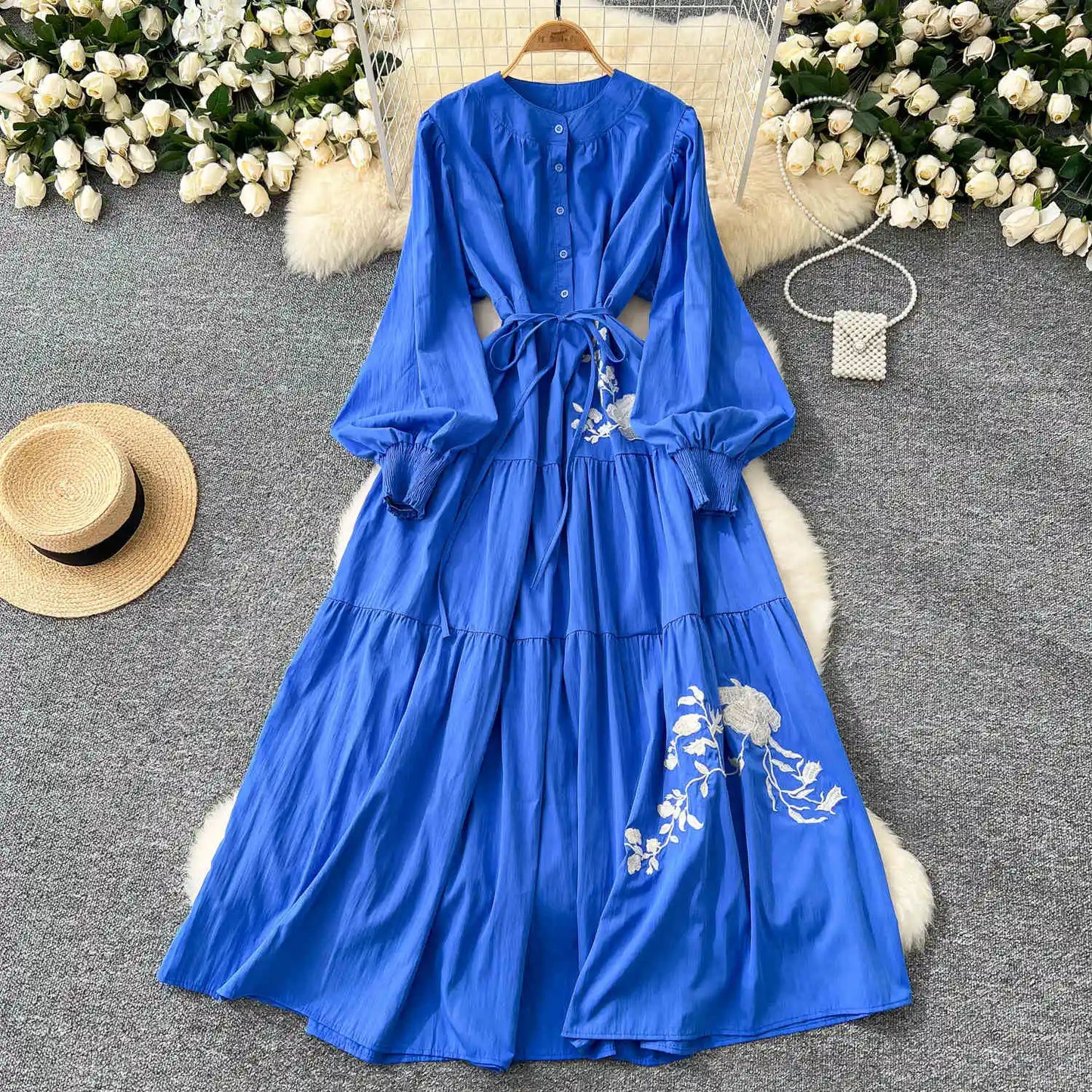 French Vintage Dress Women Flower Embroidery Long Classy Lady Elegant Dress
