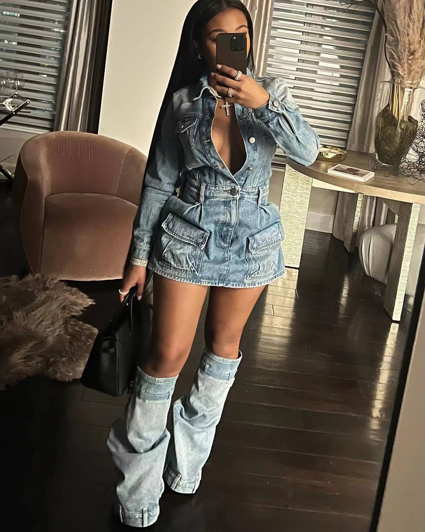 Women's Casual Jeans Denim Dresses Sexy Long Sleeve Jeans Short Dress