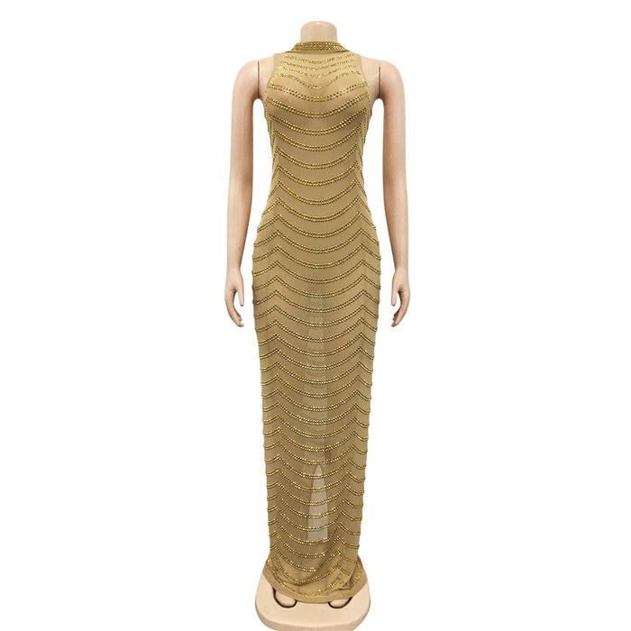 Long Sleeve v Neck Rhinestone Party Dress Black Maxi Women Evening Dress
