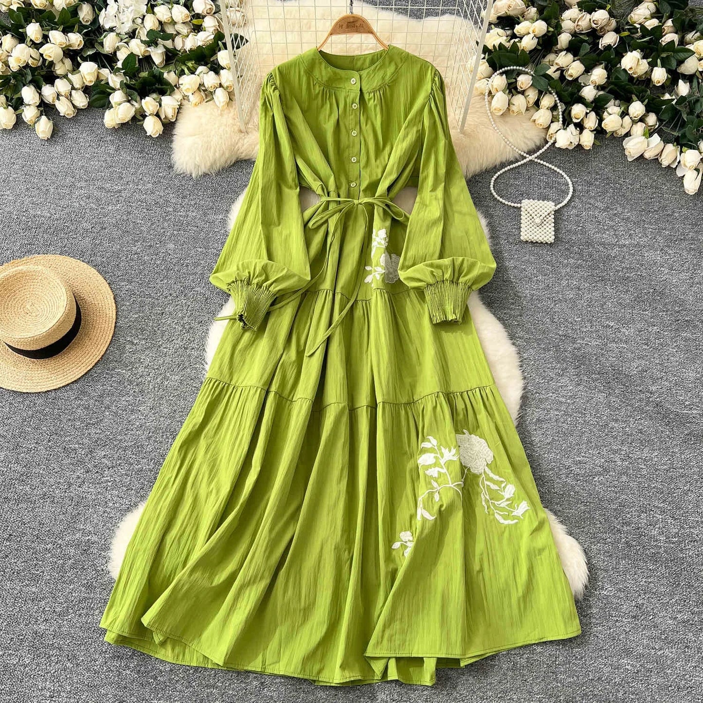 French Vintage Dress Women Flower Embroidery Long Classy Lady Elegant Dress