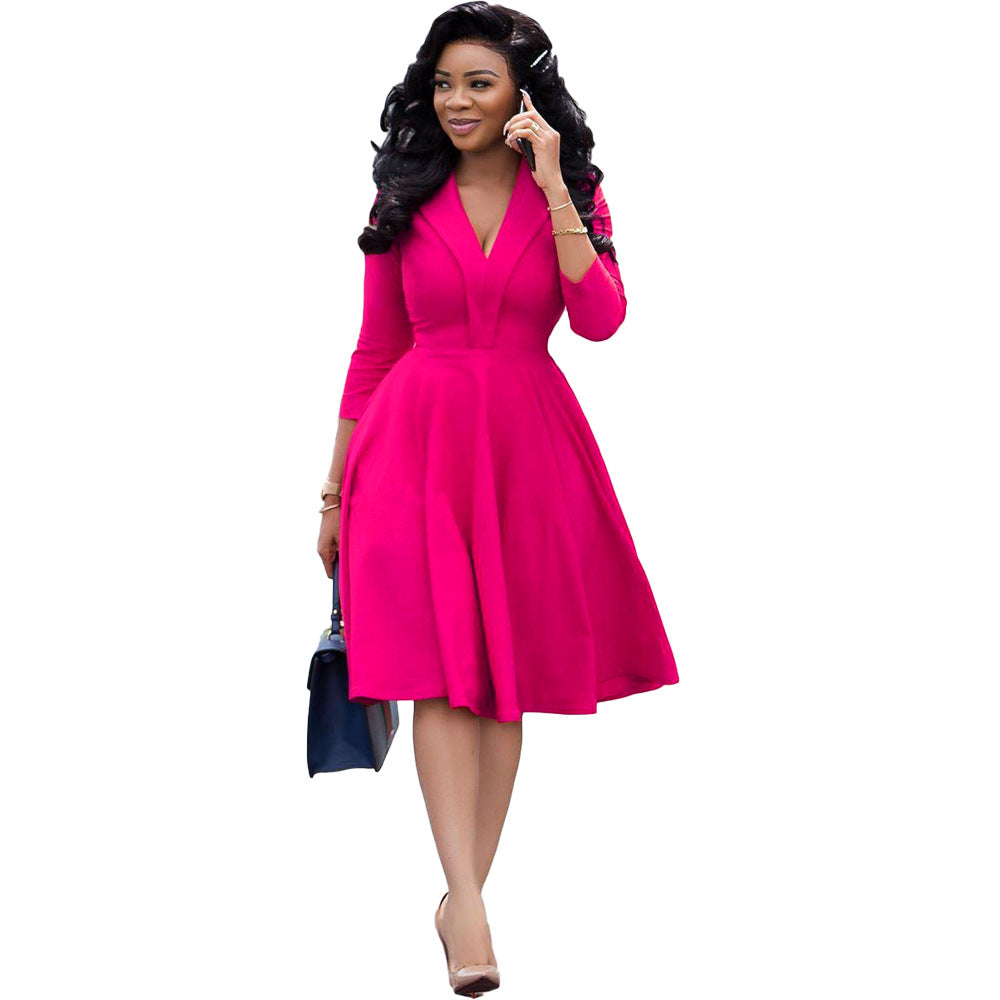 Women Deep v Neck Pleated Long Sleeve Women Dresses Elegant Office Clothing