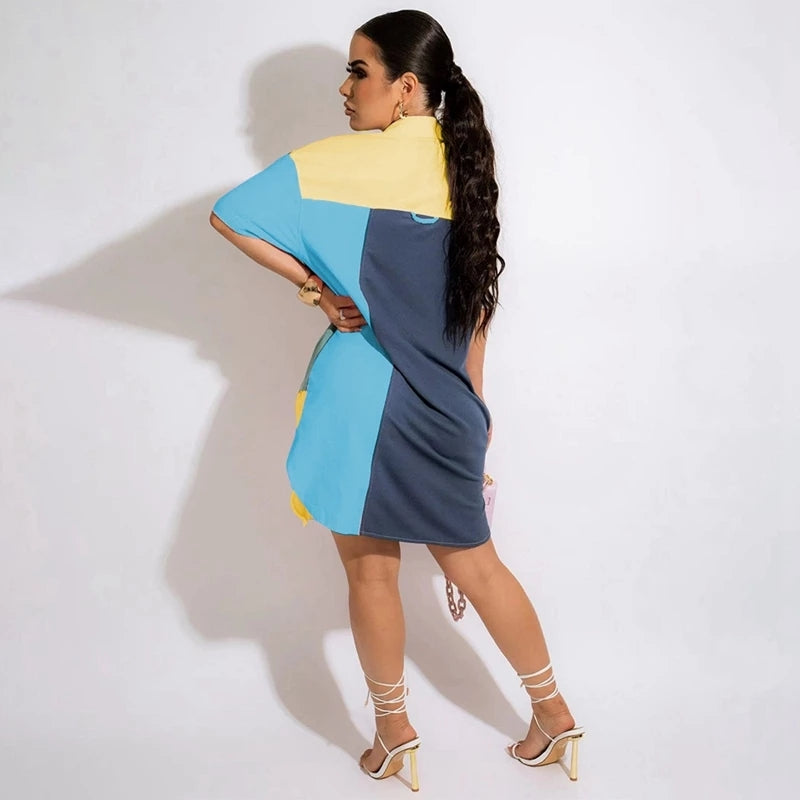 Patchwork Contrast Color Pocket Shirt Women Plus Size Collared Button Up Shirt