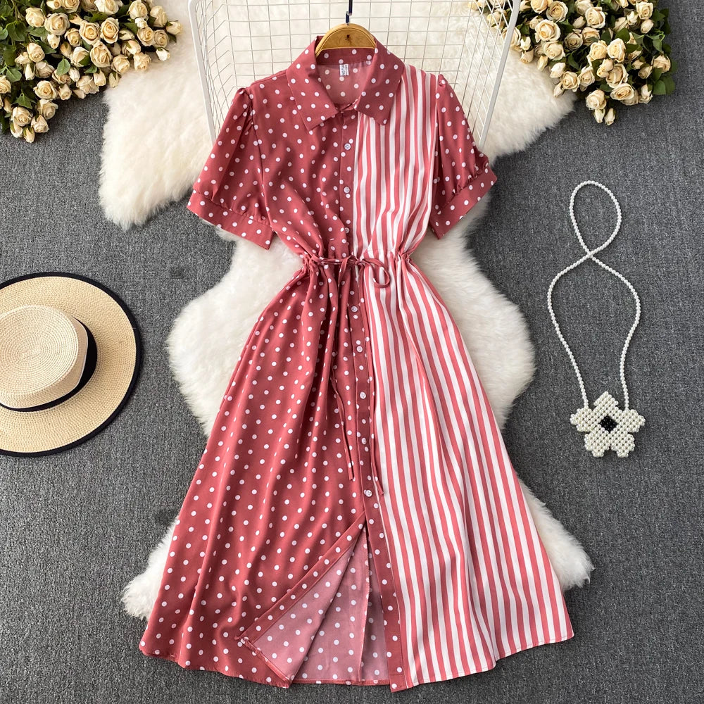 Short Sleeve Elegant Red Shirt Dress