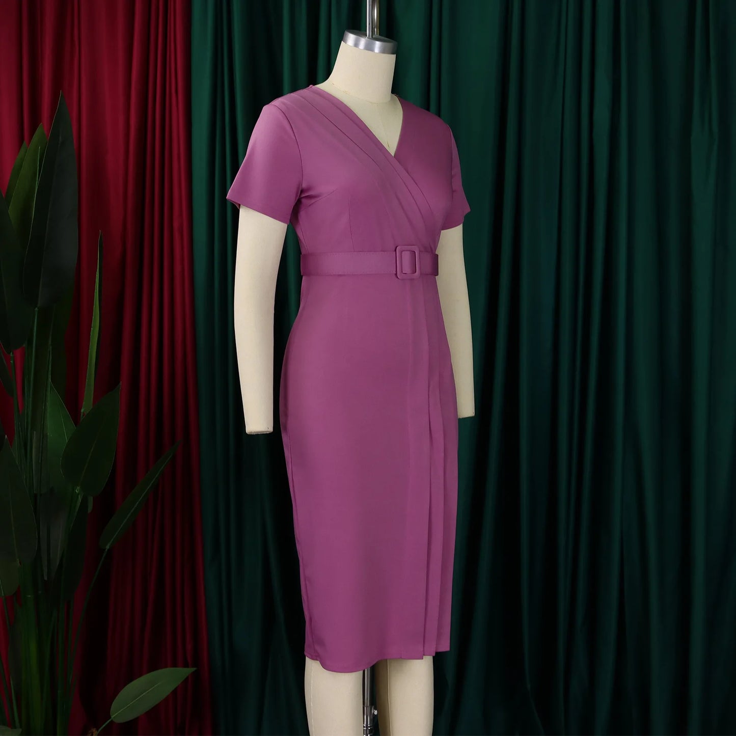Latest Summer Ladies Short Sleeve V-Neck Waist Wrap Pencil Dresse Casual Dress