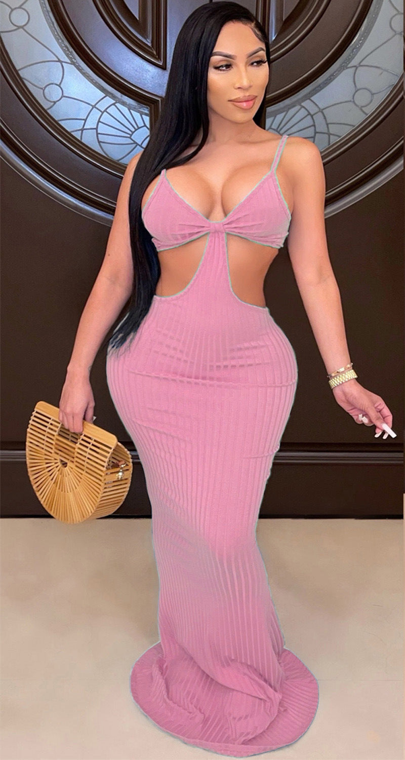 Summer Club Wear Hollow Out Rib Knit Dress Long Elegant Dress