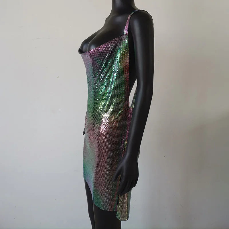 Backless Colorful Metal Dress Women Party Mini Sexy Rhinestone Sexy Club Dress