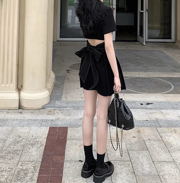 Ladies Summer Casual Short Sleeve Double Breasted Mini Black Dress