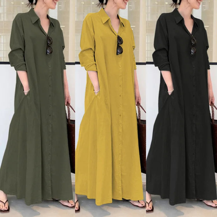 Spring Women Clothing Turn Down Collar Loose Casual Dress