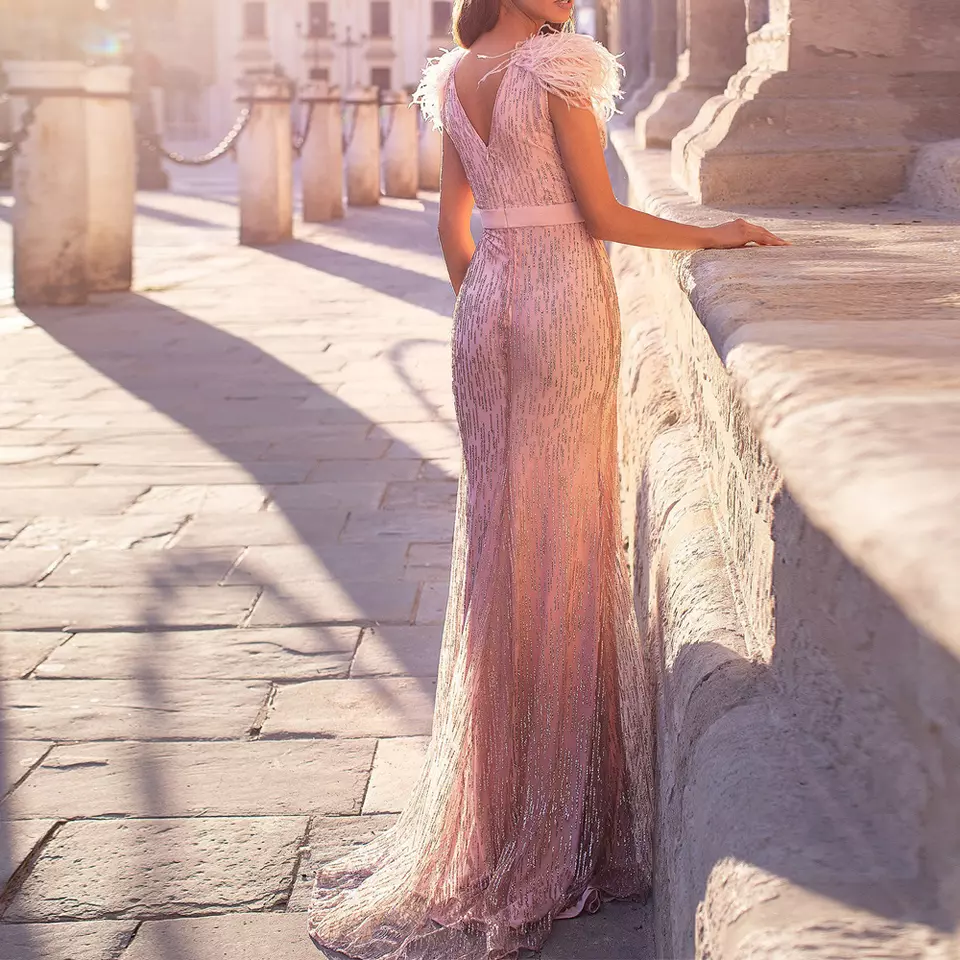 Feather Slit Shiny High Elegant Women Evening Dress