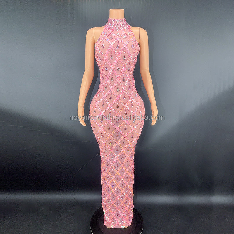 Sparkling Black Diamond Sequin Mesh Backless  Dress