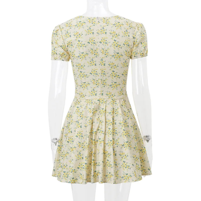 Summer Classy Dresses Women Elegant Bubble Sleeve V-Neck Floral Dress