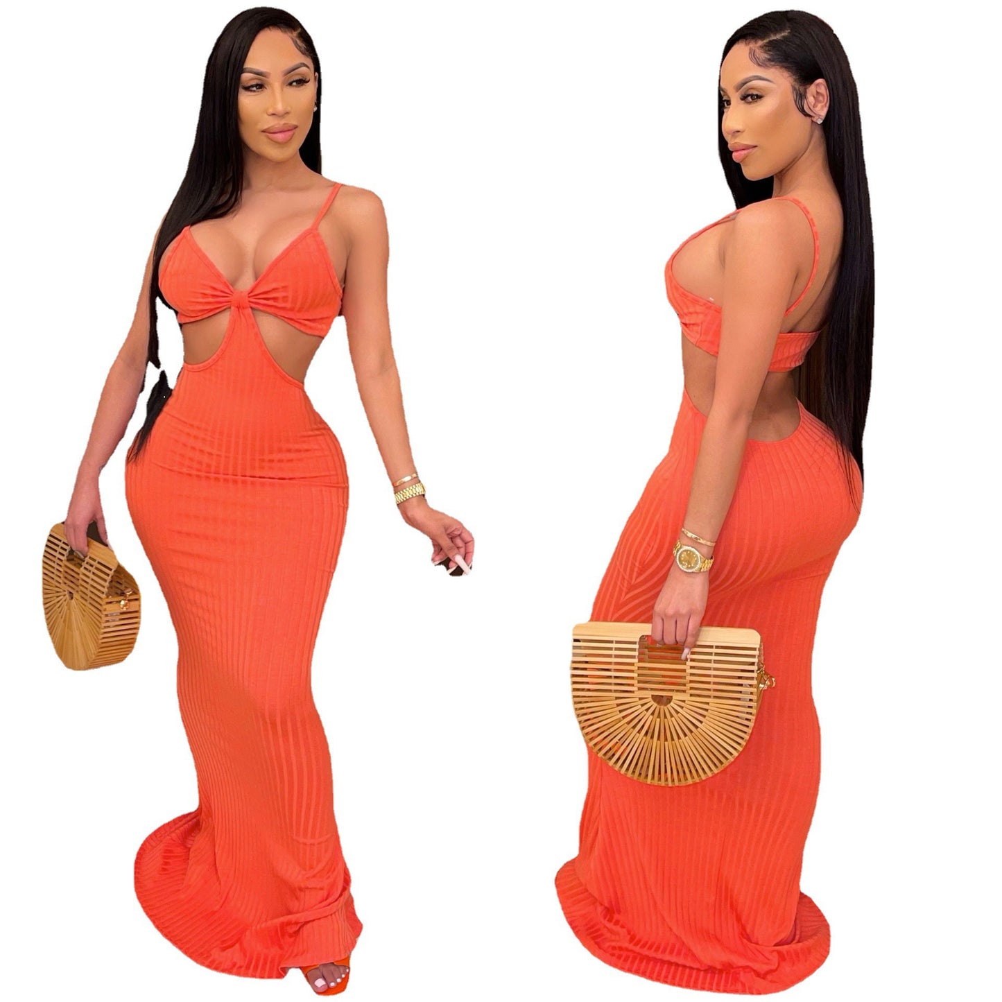 Summer Club Wear Hollow Out Rib Knit Dress Long Elegant Dress