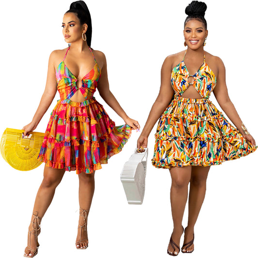 Summer Trendy Outfit Sexy Party Halter Women Hollow Out Print Beach Wear