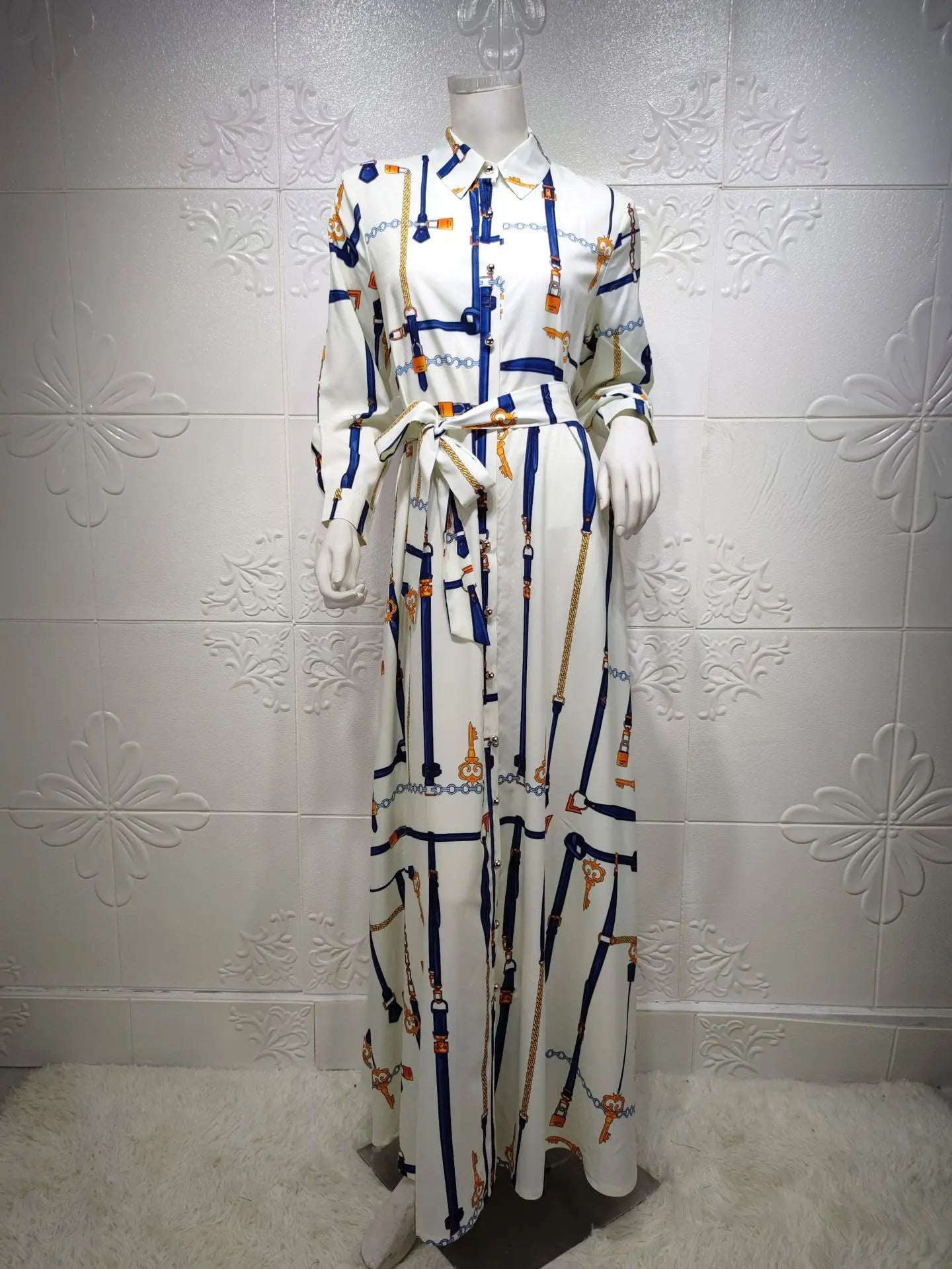 Middle East Multicolor Chain Printed Muslim Shirt Dress Elegant Casual Dress