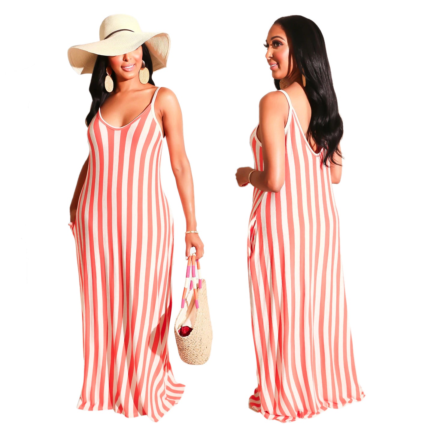 Strap v Neck Plus Size Women Maxi Dress Stripe Side Pocket Womens Dress