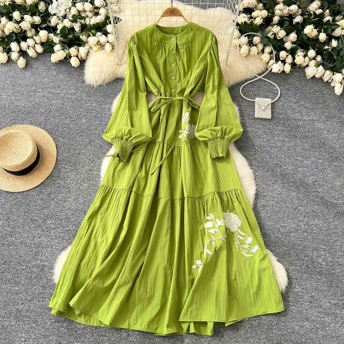 French Vintage Dress Women Flower Embroidery Long Classy Lady Elegant Dress