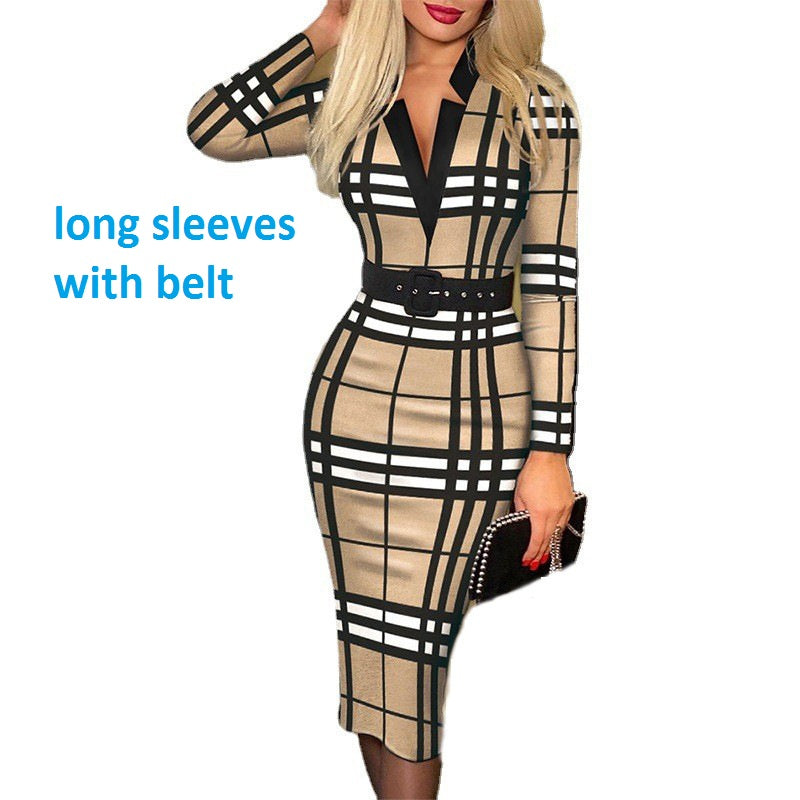 Custom Summer Fall Women V- Neck Pleated Lady Dress With Belt