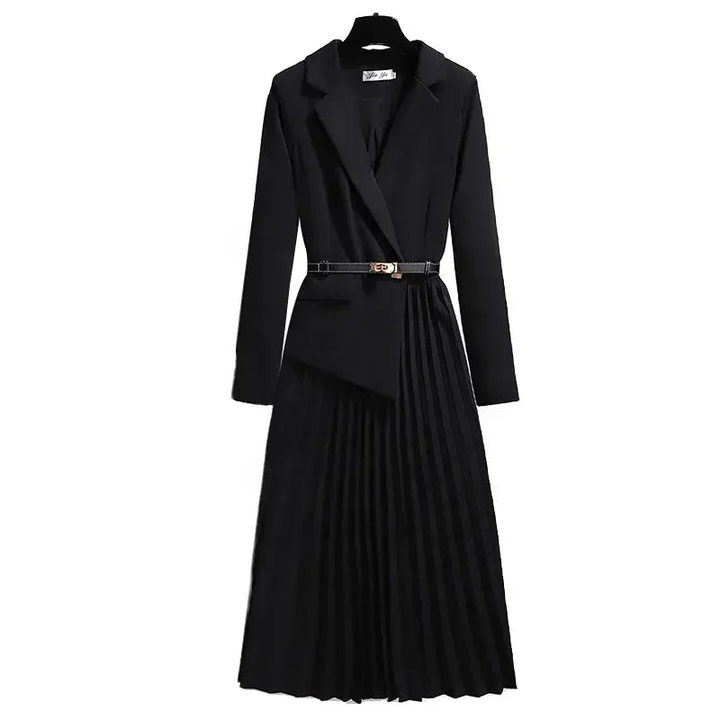 Elegant Blazer Dress V-Neck Slim Design Pleated Dress Ladies Office Dress