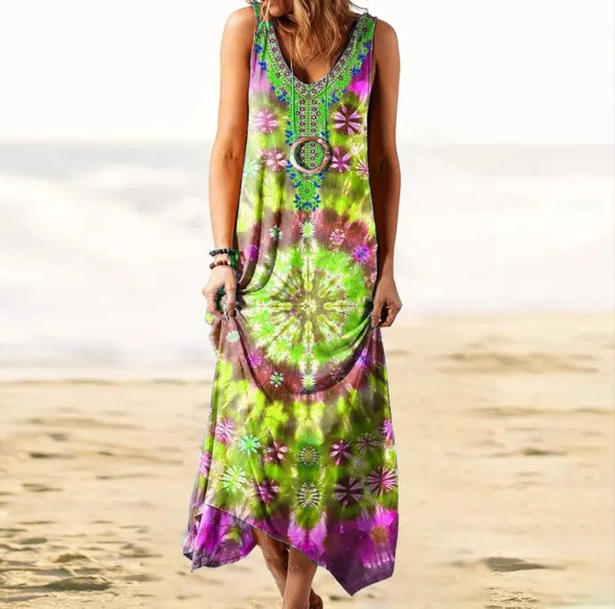 Vintage Tie-Dye Floral Long Maxi Dress Bohemian Style Beach Casual Dress