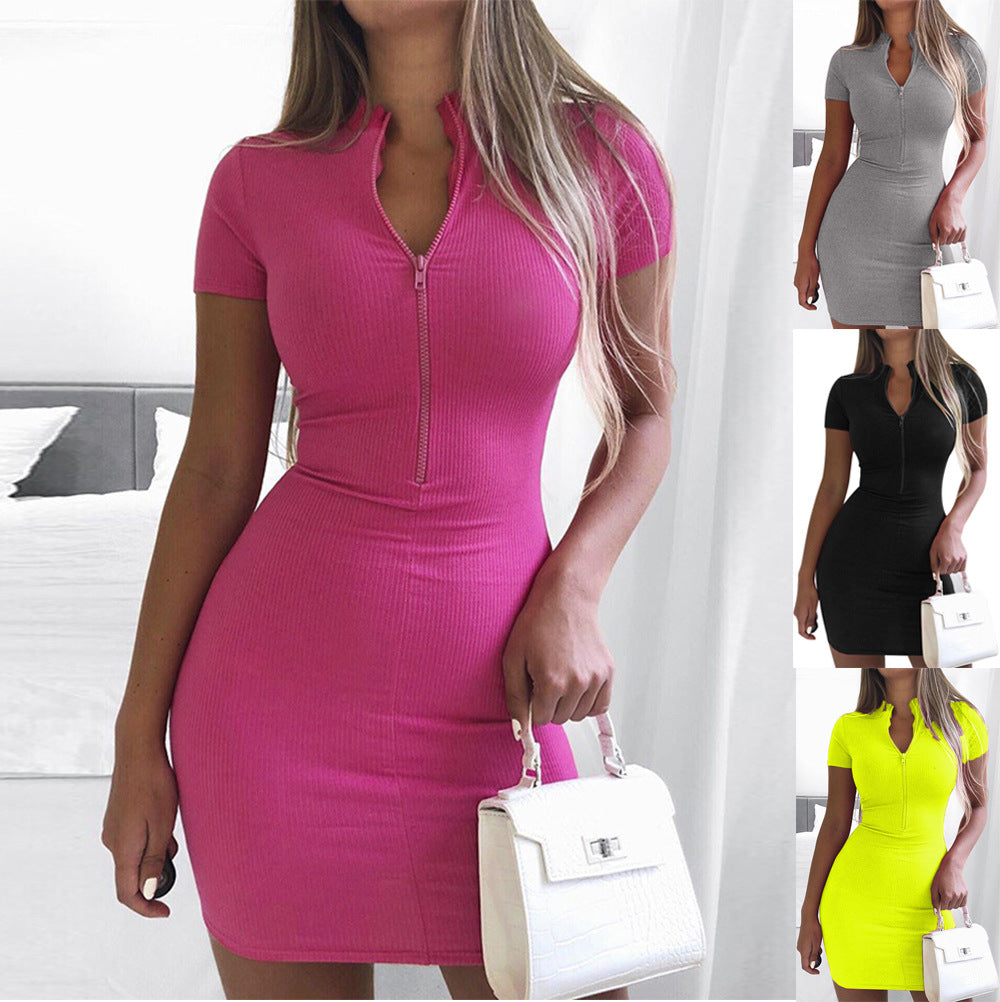 Custom High Neck Short Sleeve Bag Hip Skirt Casual Womens Zipper Dress