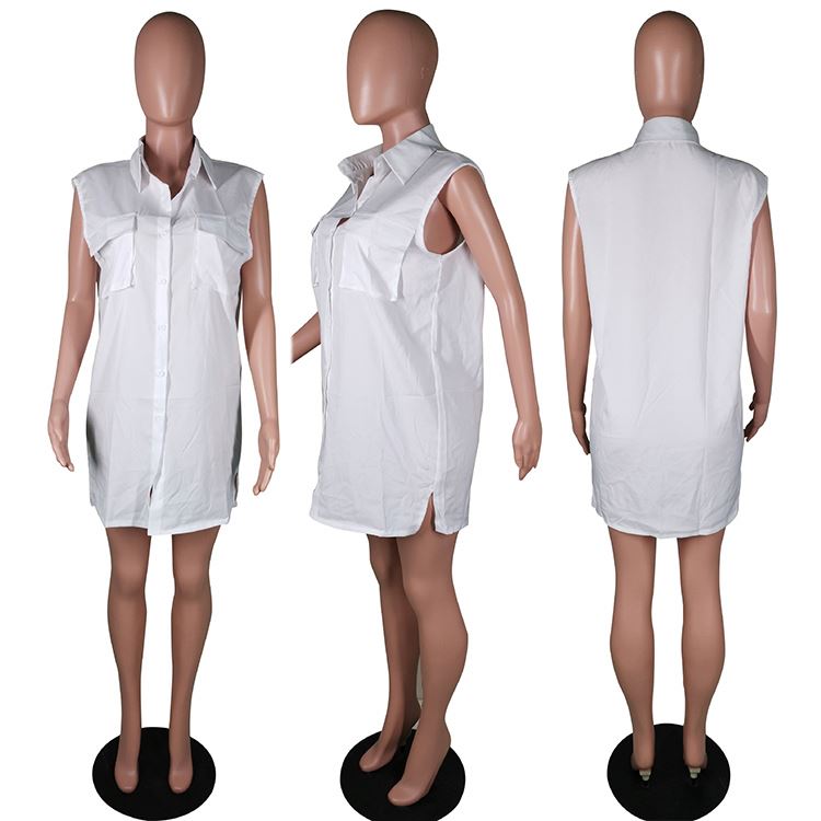 Summer New Sleeveless Pocket Shirt Dress Women Elegant Casual Dress