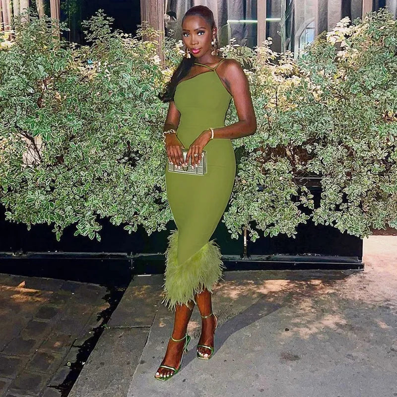 Casual One Shoulder Midi Dress Women Lady Elegant