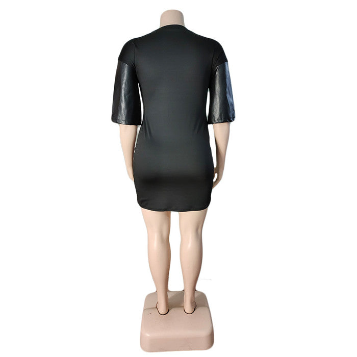 Women Letter Patchwork Leather Dresses for Ladies Plus Size Dress