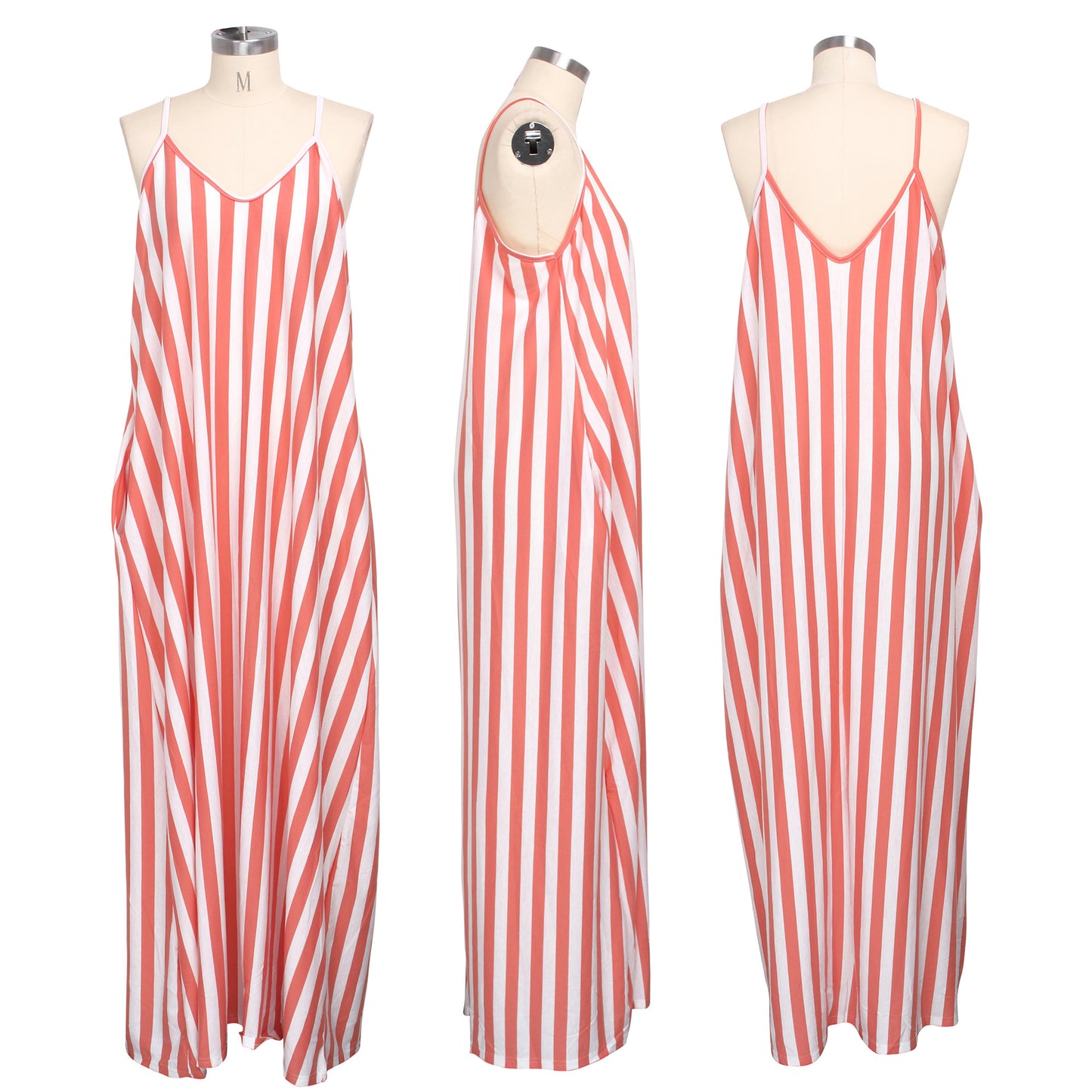 Strap v Neck Plus Size Women Maxi Dress Stripe Side Pocket Womens Dress