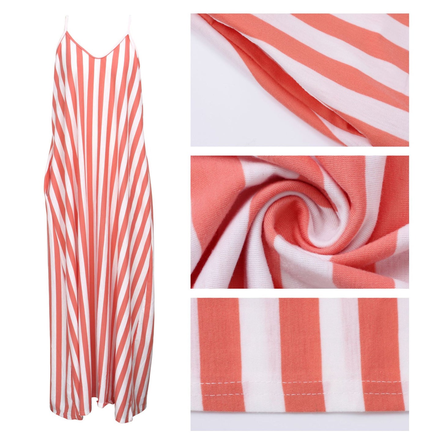 Strap v Neck Plus Size Women Maxi Dress Stripe Side Pocket Womens Dress