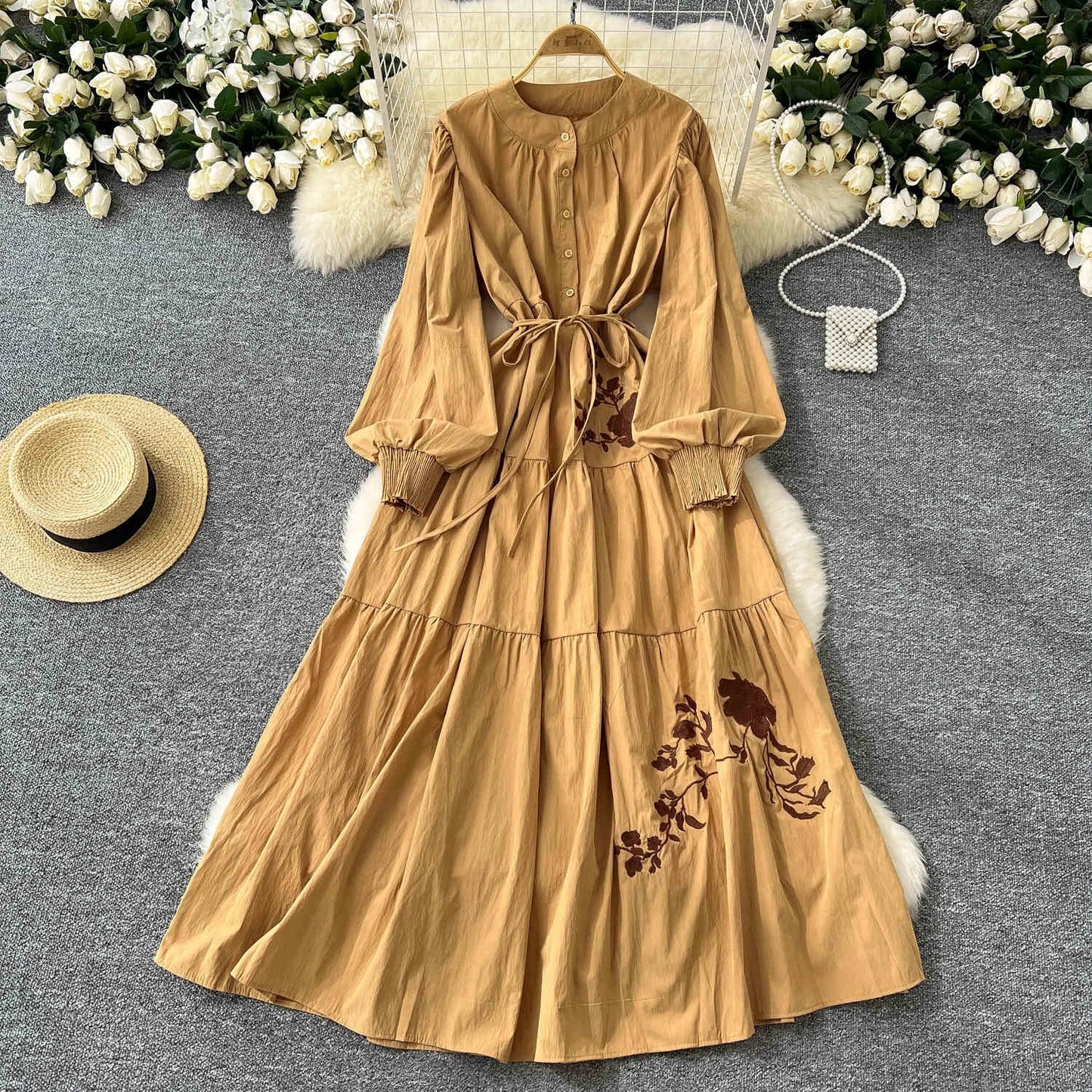 French Vintage Dress Women Flower Embroidery Long Classy Lady Elegant Dress