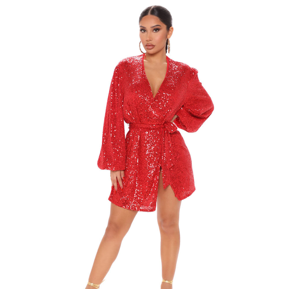 Sexy Deep V-Neck Waist Lace-Up Sequin Dress