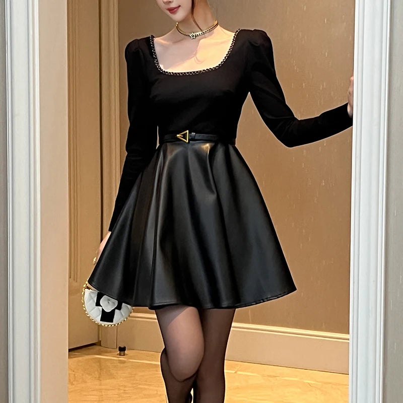 Women Clothing Elegant Patchwork Women Black Leather Dress