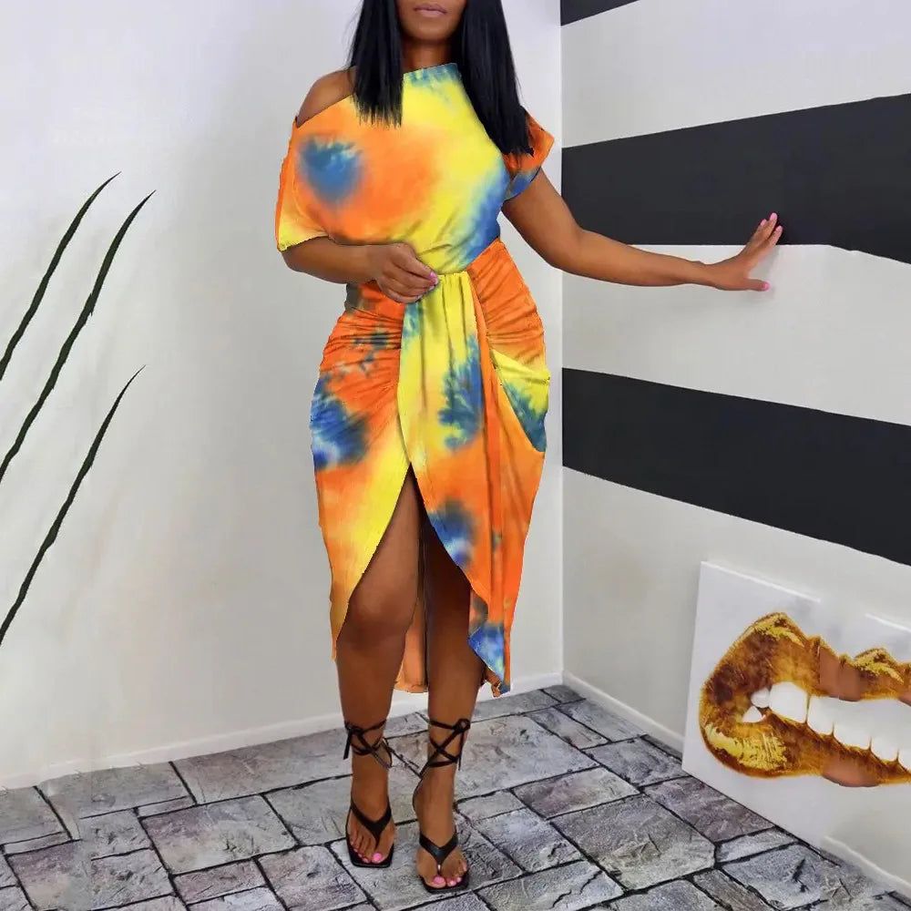 Lady Chiffon Ruffle Maxi Dress Women Printing Elegant Summer Casual Dress