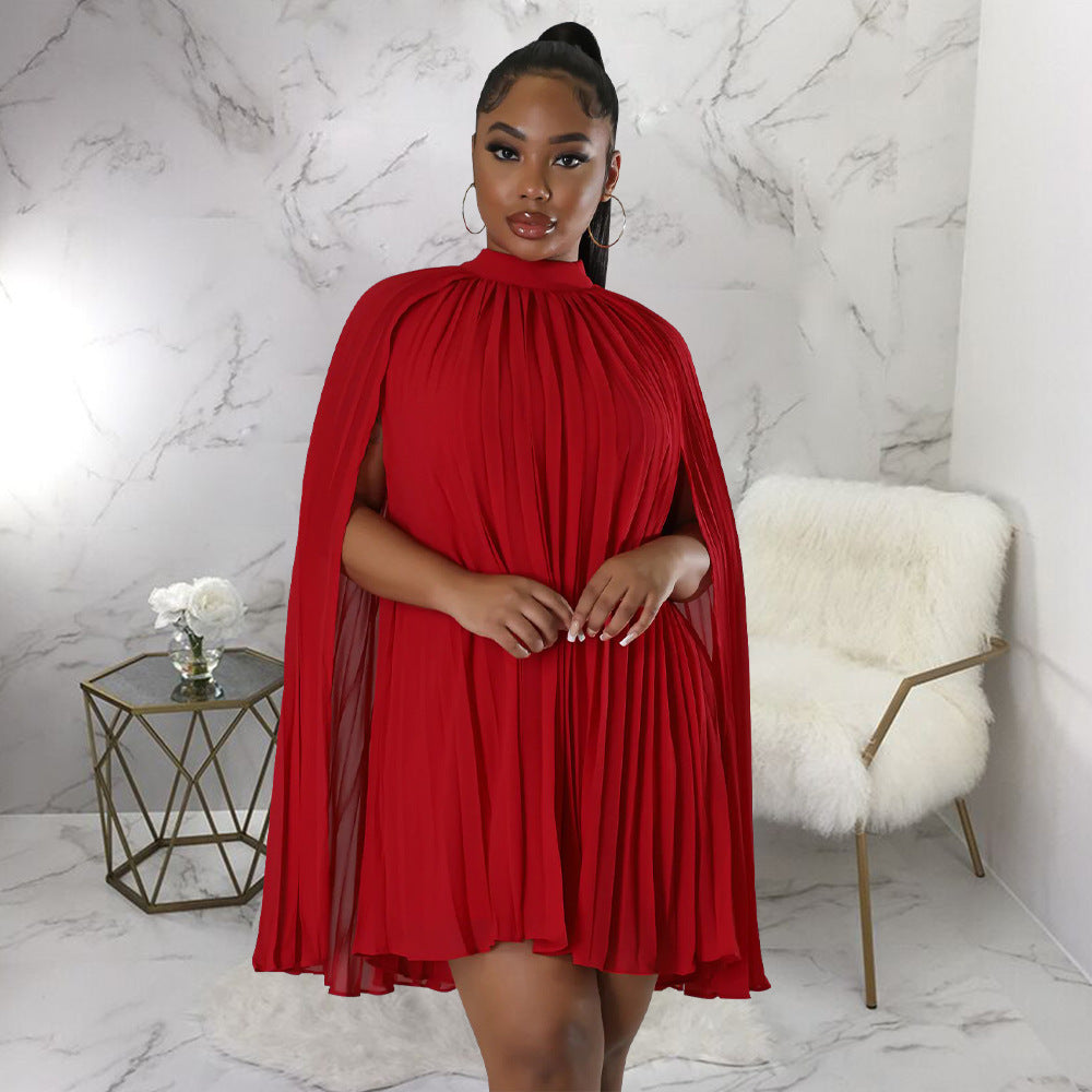 Solid Color Bat Sleeve Elegant Pleated Party Dress