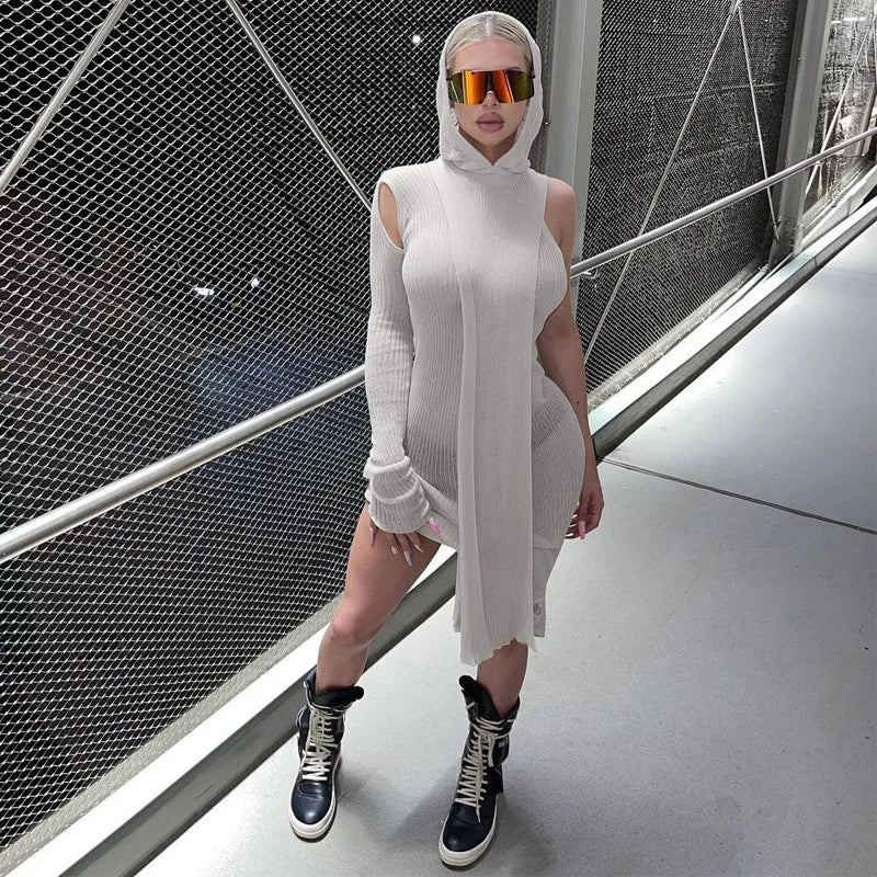 Long Sleeve Dress One Shoulder Casual Hooded Dresses Women